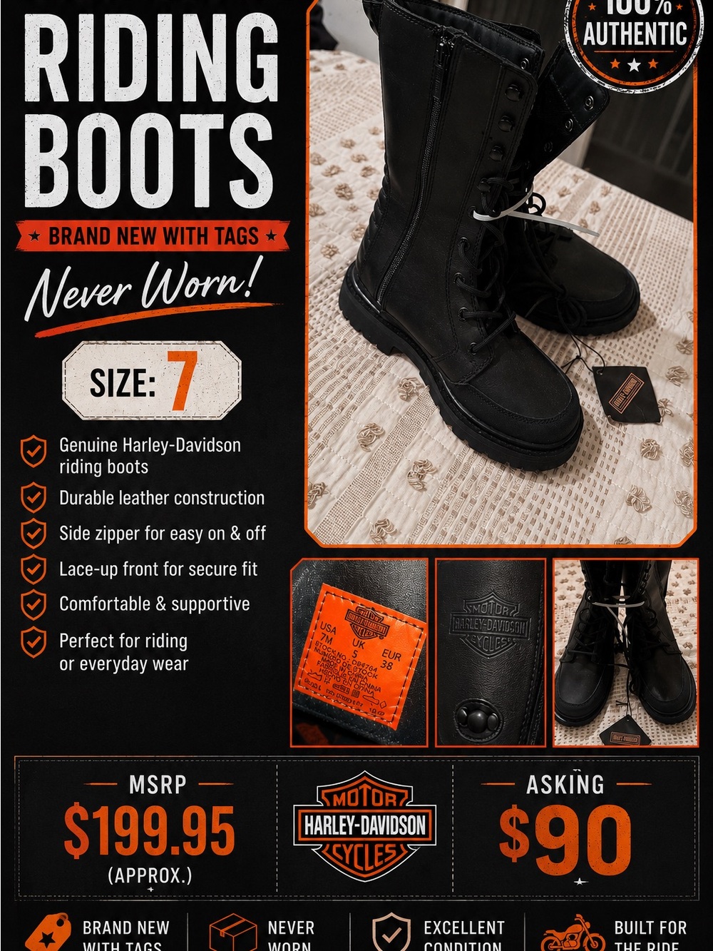 Harley-Davidson Black Leather Lace-Up Moto Boots with Side Zipper